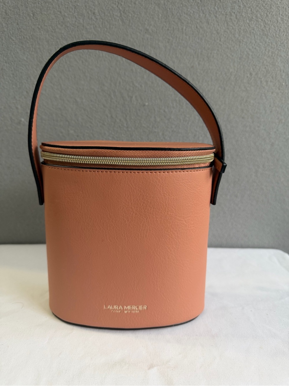 Laura Mercier Makeup Bag Case Light Coral Leather Zipper & Handle